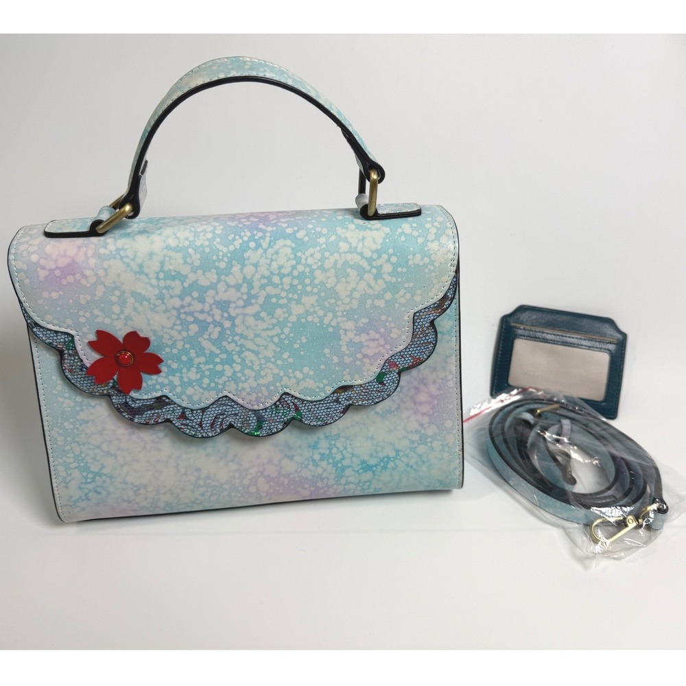 L'Artiste‎ HB-Powderpuff Handbag Blue Floral Scalloped Crossbody Handle Satchel